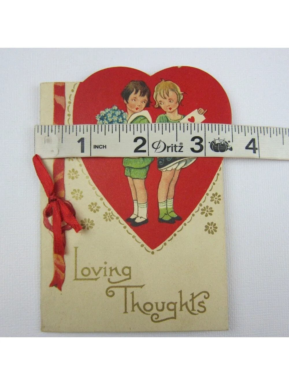 Valentine Card Boy Sailor Suit Blonde Girl Green Dress Die cut Bifold Red Ribbon